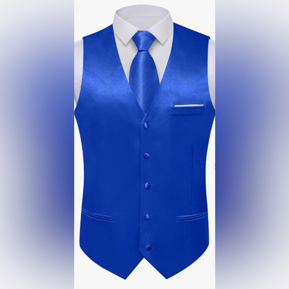 Classic Formal 3pc Royal Blue Satin Vest, Neck Tie & Bowtie